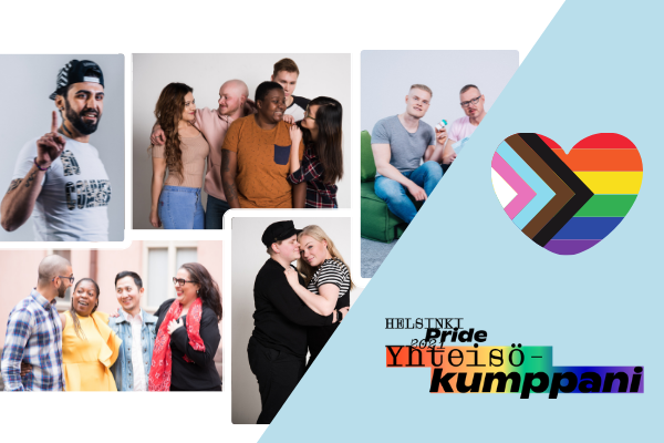 Kuvakollaasi erinäköisistä ihmisistä. Sydämenmuotoinen pride-lippu ja Pride-yhteisökumppanilogo.