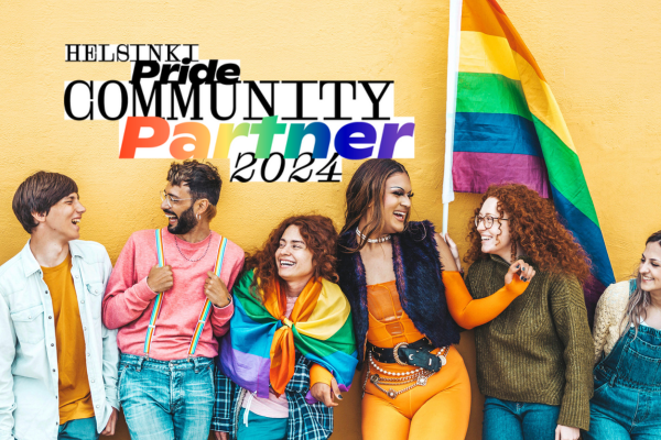 Different kind of people standing with Pride flags in fromt of joyful and bright yellow wall. Community partner logo.